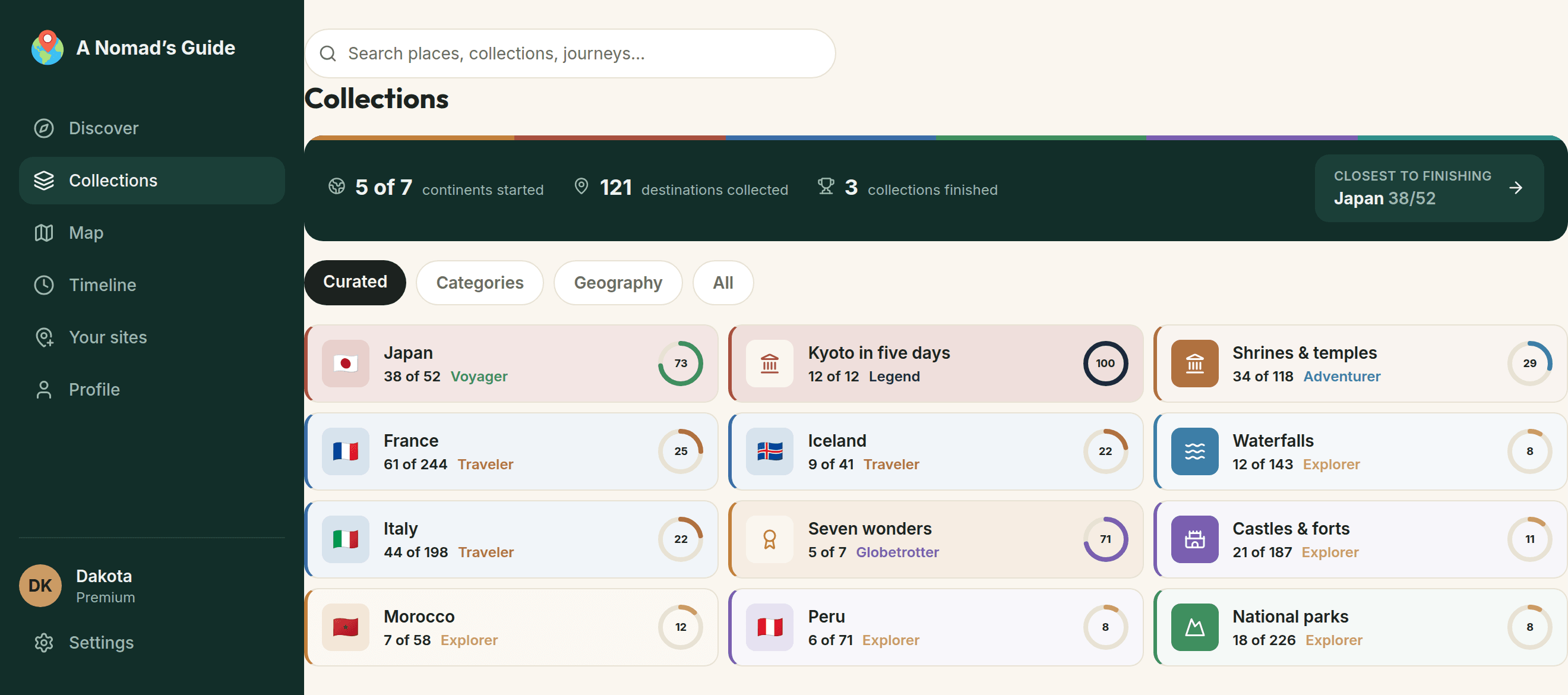 The Collections tab: tiles for Japan, France, Italy, Shrines and temples, Waterfalls and others, each showing how many of its places have been collected and a ring for how far through it you are.